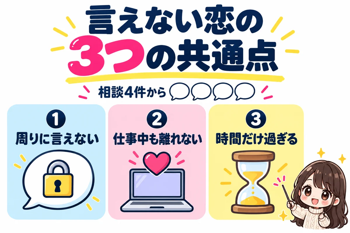 叶わぬ恋を誰にも言えない人の相談4件に共通していた、周りに言えない、仕事中も頭から離れない、時間だけが過ぎるの3つをカードで示した図