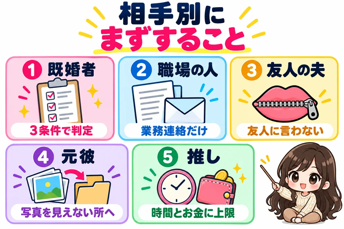 叶わぬ恋の相手別にまずすることを、既婚者は3条件で判定、職場の人は業務連絡だけ、友人の夫は友人に言わない、元彼は写真を見えない所へ、推しは時間とお金に上限の5枚のカードで示した図
