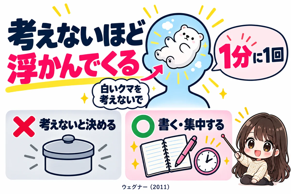考えないようにするほど浮かんでくる白いクマの実験では1分に1回思い浮かんだことを示し、考えないと決めるより書く・ひとつのことに集中するほうがよいと対比した図