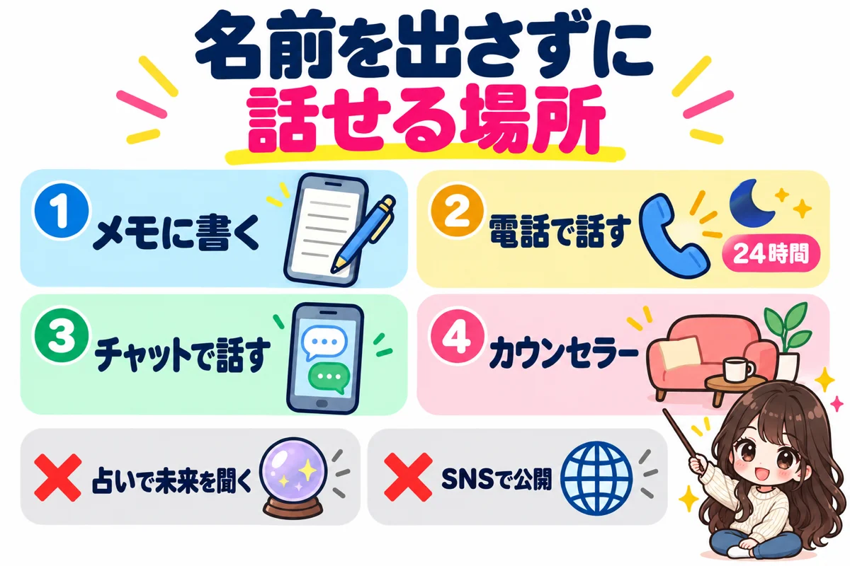 誰にも言えない叶わぬ恋を名前を出さずに吐き出せる場所として、メモに書く、電話相談、チャット相談、カウンセラーの4つを示し、占いで未来を聞くことと公開のSNSは避けると伝える図