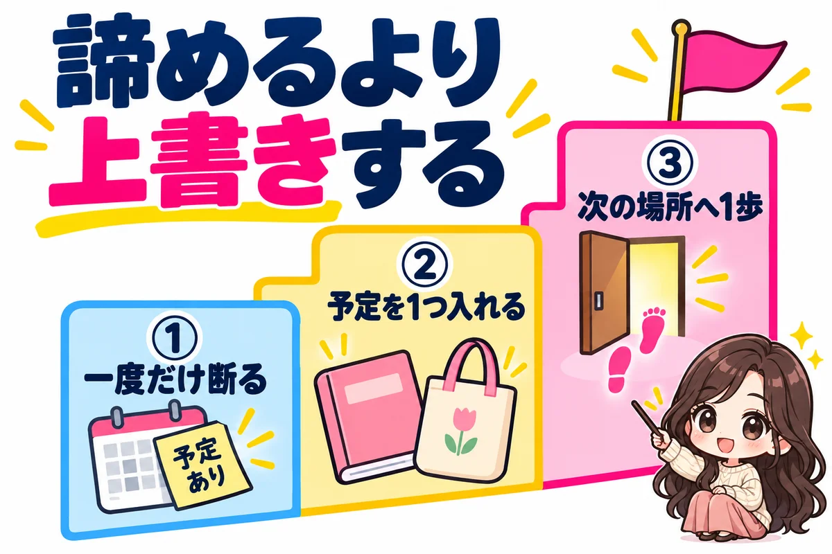 叶わぬ恋は諦めるより上書きで終わらせるとして、一度だけ断る、空いた時間に予定を1つ入れる、次の場所へ1歩入るの3つの手順を階段状のカードで示した図