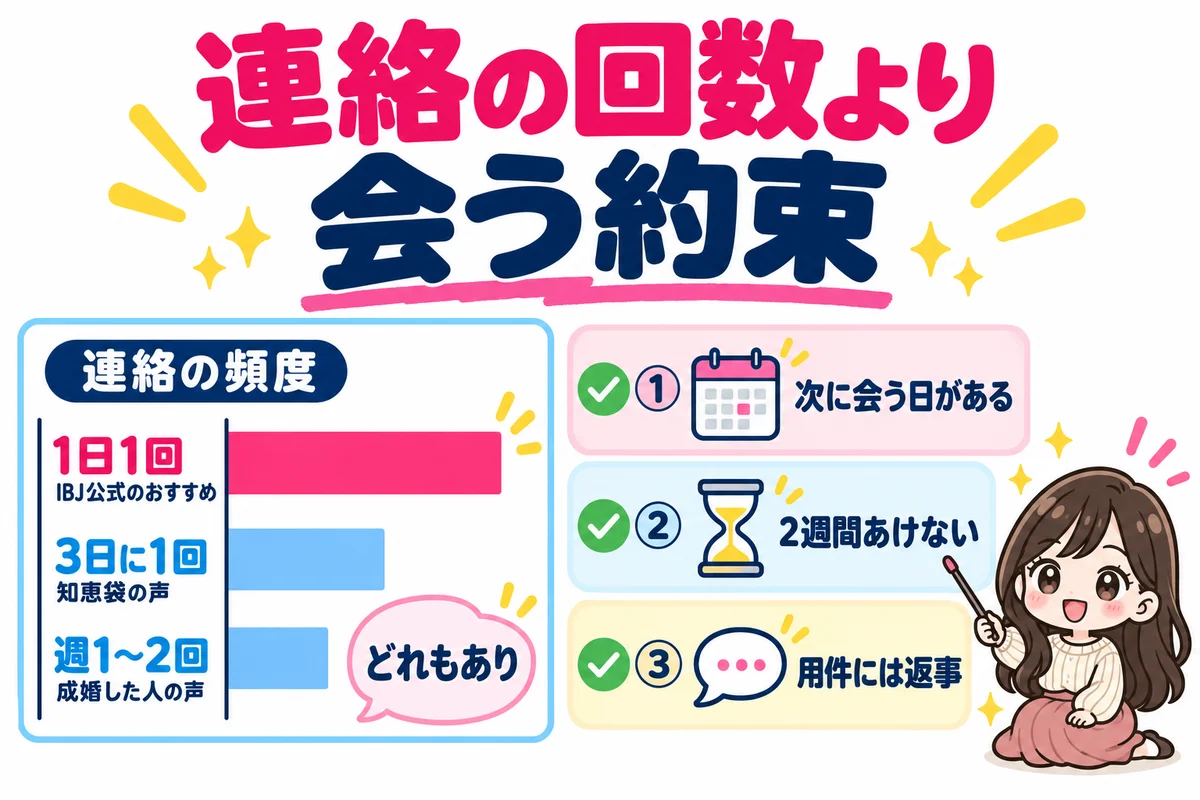 仮交際の連絡頻度はIBJ公式のおすすめが1日1回、実際の声では3日に1回や週1〜2回もあり、回数より次に会う日・2週間あけない・用件への返事を見ればよいことを示した図