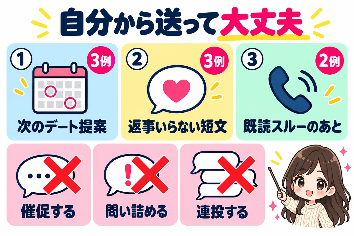 仮交際は自分から連絡してよく、次のデートの提案3つ・返事のいらない短文3つ・既読スルー後の2つの文例があり、催促・問い詰め・連投は避けることを示した図