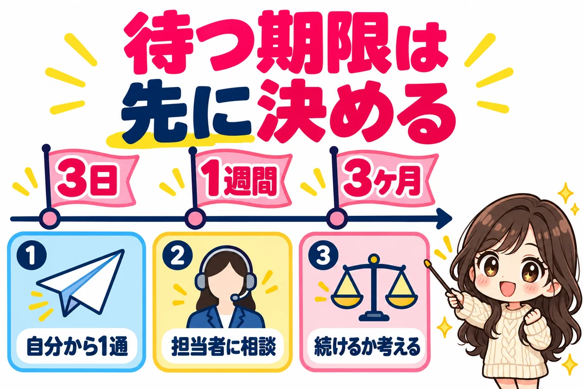 仮交際の連絡が途絶えたら、3日で自分から1通、1週間で担当者に相談、3ヶ月で交際を続けるかを考えるという目安をカレンダーのタイムラインで示した図