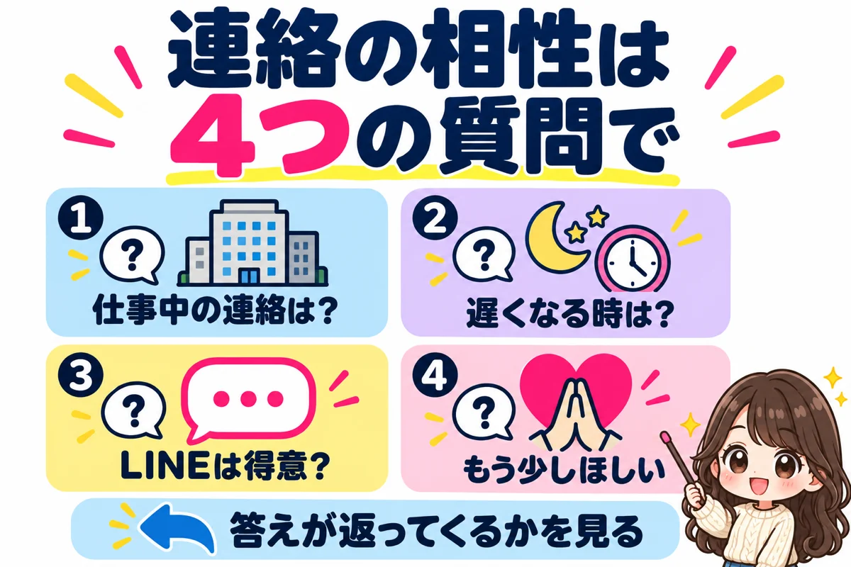 連絡が少ない人との相性は、仕事中の連絡・遅くなるときの連絡・LINEの得意不得意・もう少し連絡がほしいという4つの質問で、答えが返ってくるかを見て確かめることを示した図