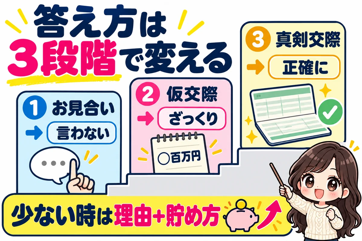 婚活の貯金額は、お見合いでは言わない、仮交際ではざっくり、真剣交際では正確にと段階で答え方を変え、少ないときは理由と貯め方をセットで話すことを階段で示した図