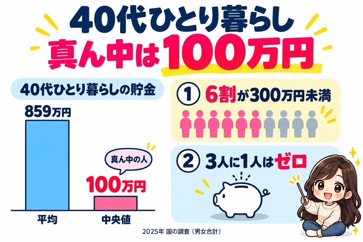 40代ひとり暮らしの貯金は平均859万円でも中央値は100万円で、6割が300万円未満、約3人に1人は持っていないことを棒グラフとカードで示した図