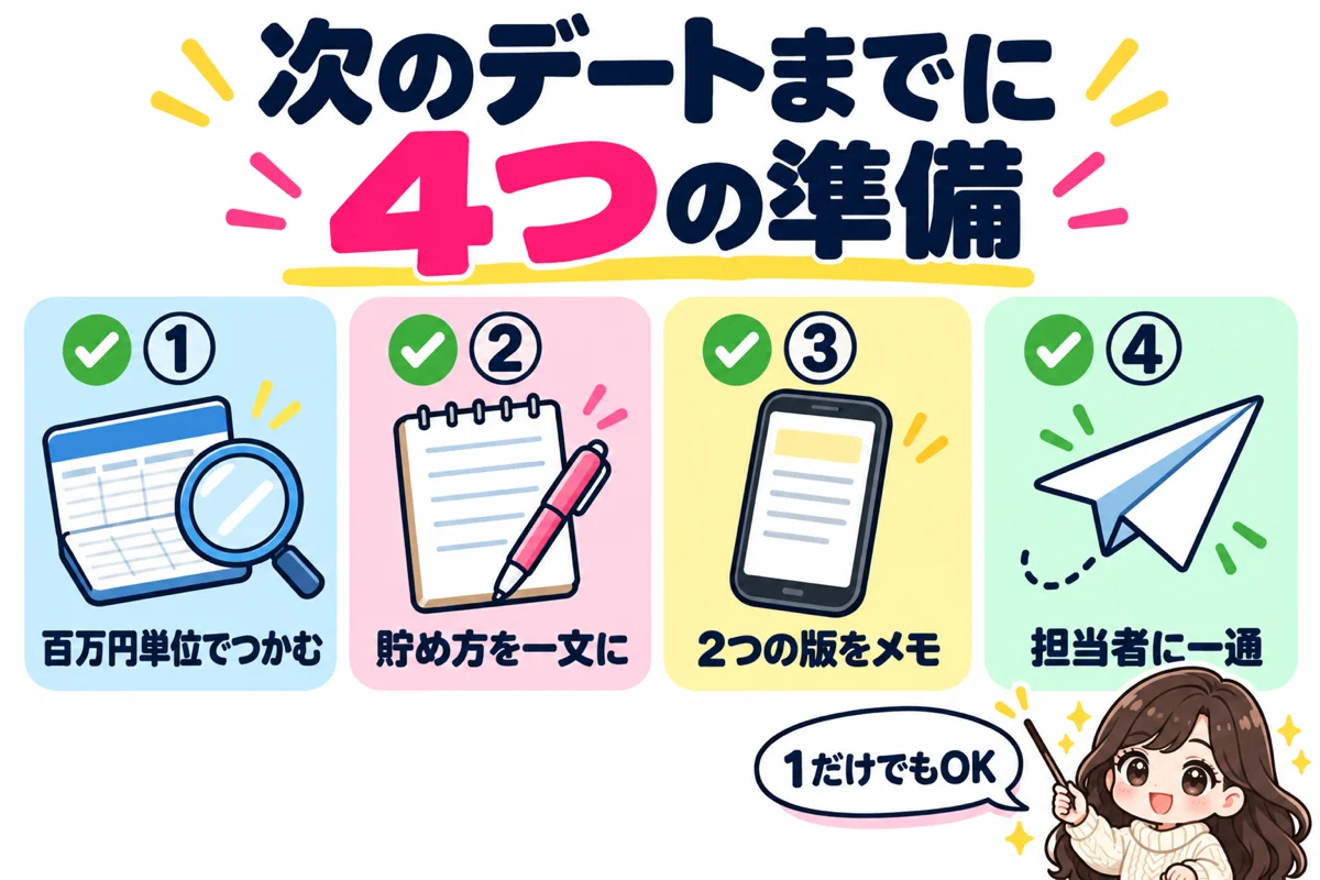 次のデートまでに、今の貯金を百万円単位でつかむ・貯め方を一文にする・ざっくり版と正確版をメモする・担当者に一通送るという4つの準備をチェックリストで示した図