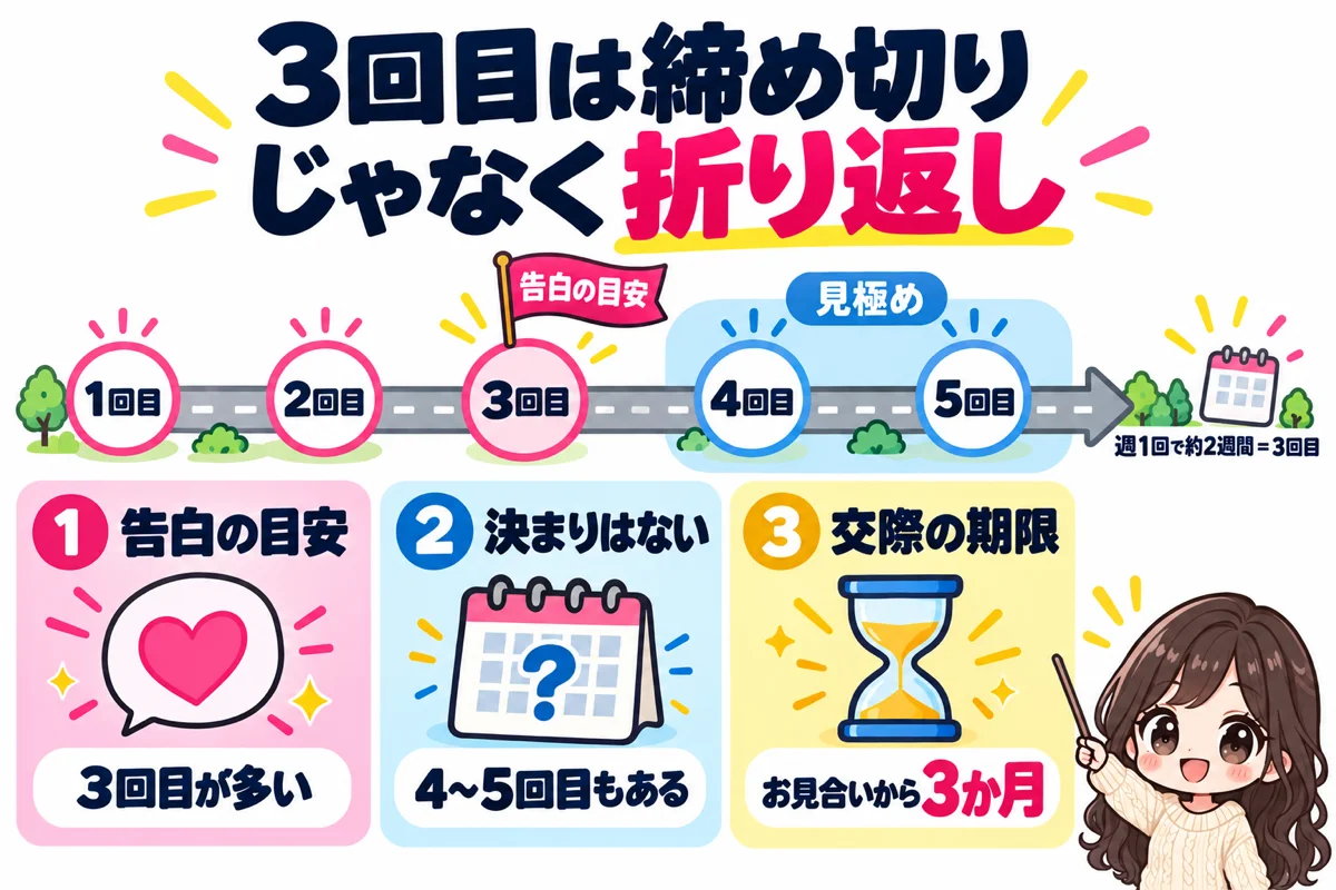 婚活デートの告白は3回目が目安とされることが多いが決まりはなく、4〜5回目で見極め、交際はお見合いから3か月が期限で、3回目は締め切りではなく折り返しだと示した図