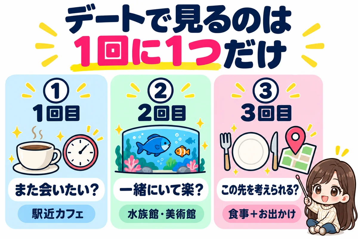 婚活デートの1回目はもう一度会いたいか、2回目は一緒にいて楽か、3回目はこの先を考えられるかを見ると、場所の目安とあわせて3枚のカードで示した早見表