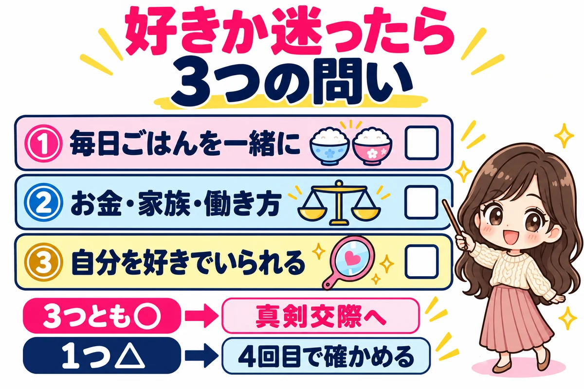 婚活デート3回目に好きか迷ったら、毎日ごはんを一緒に食べられるか、お金・家族・働き方が大きくずれていないか、自分を好きでいられるかの3つを問い、3つとも当てはまれば真剣交際へ、1つ迷えば4回目で確かめると示した図