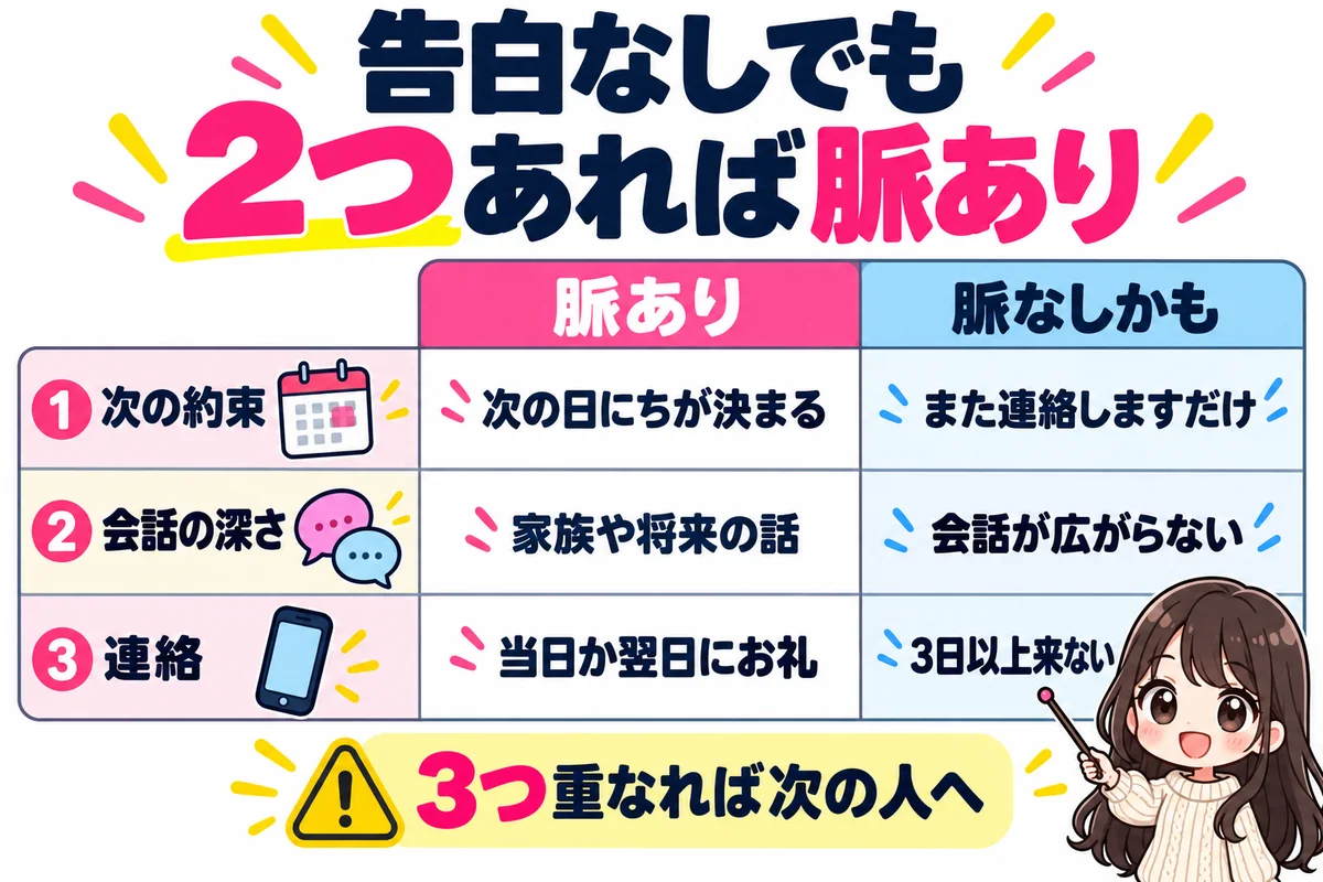 婚活デート3回目で告白がなくても、次の約束、会話の深さ、連絡の3つのうち2つあれば脈ありと考えてよく、脈あり・脈なしのサインを2列の表で比べた図
