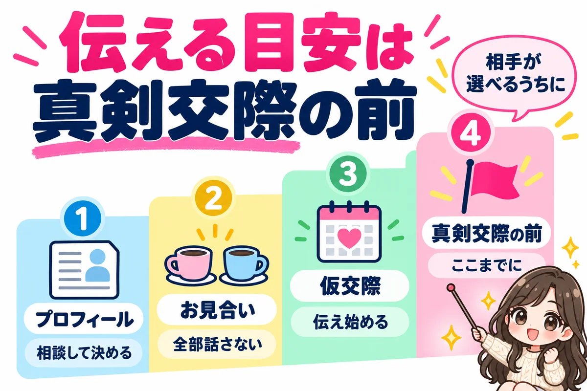 婚活で持病を伝える目安を、プロフィールは相談して決める・お見合いでは全部話さない・仮交際で伝え始める・真剣交際の前までに伝える、の4段の階段で示した図