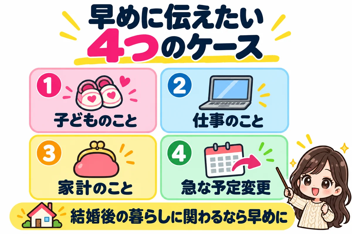 婚活で持病を早めに伝えたほうがいいのは、子ども・仕事・家計・急な予定変更という結婚後の暮らしに関わる4つのケースだと示した図