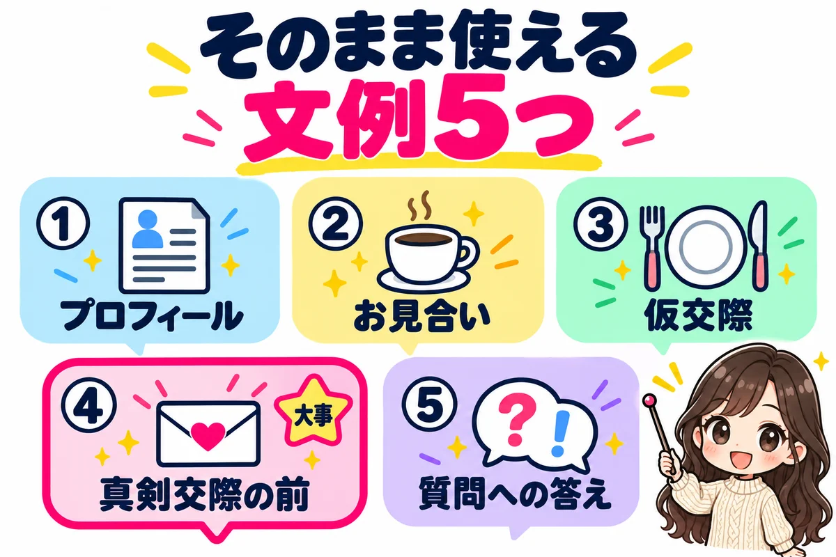 持病の伝え方の文例を、プロフィール・お見合い・仮交際・真剣交際の前・質問への答えの5つの場面に分けて示した図