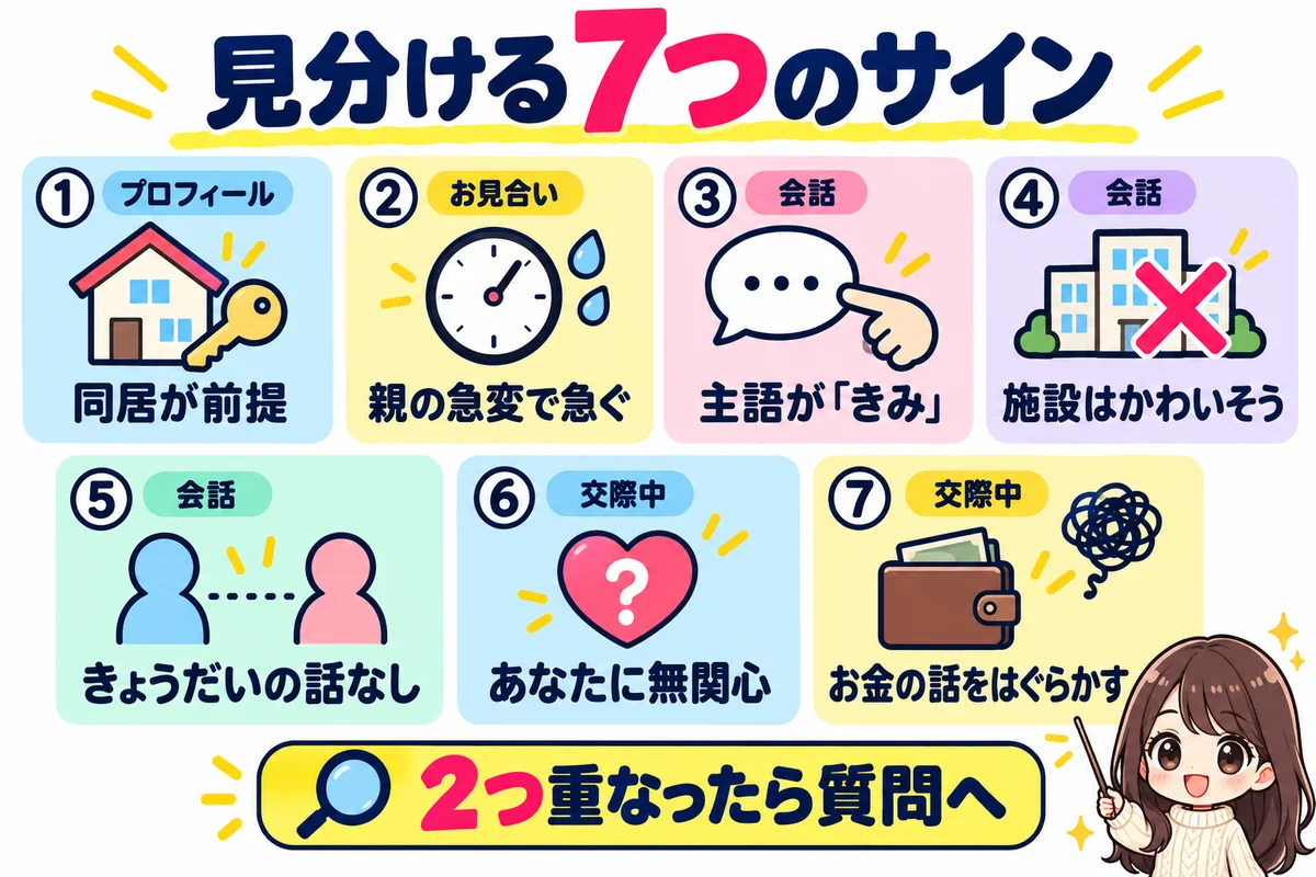 婚活で介護要員を探す男性を見分ける7つのサイン(同居が前提・親の急変で急ぐ・介護の主語がきみ・施設はかわいそう・きょうだいの話がない・あなたに無関心・お金と健康をはぐらかす)をカードで並べ、2つ重なったら質問で確かめることを示した図