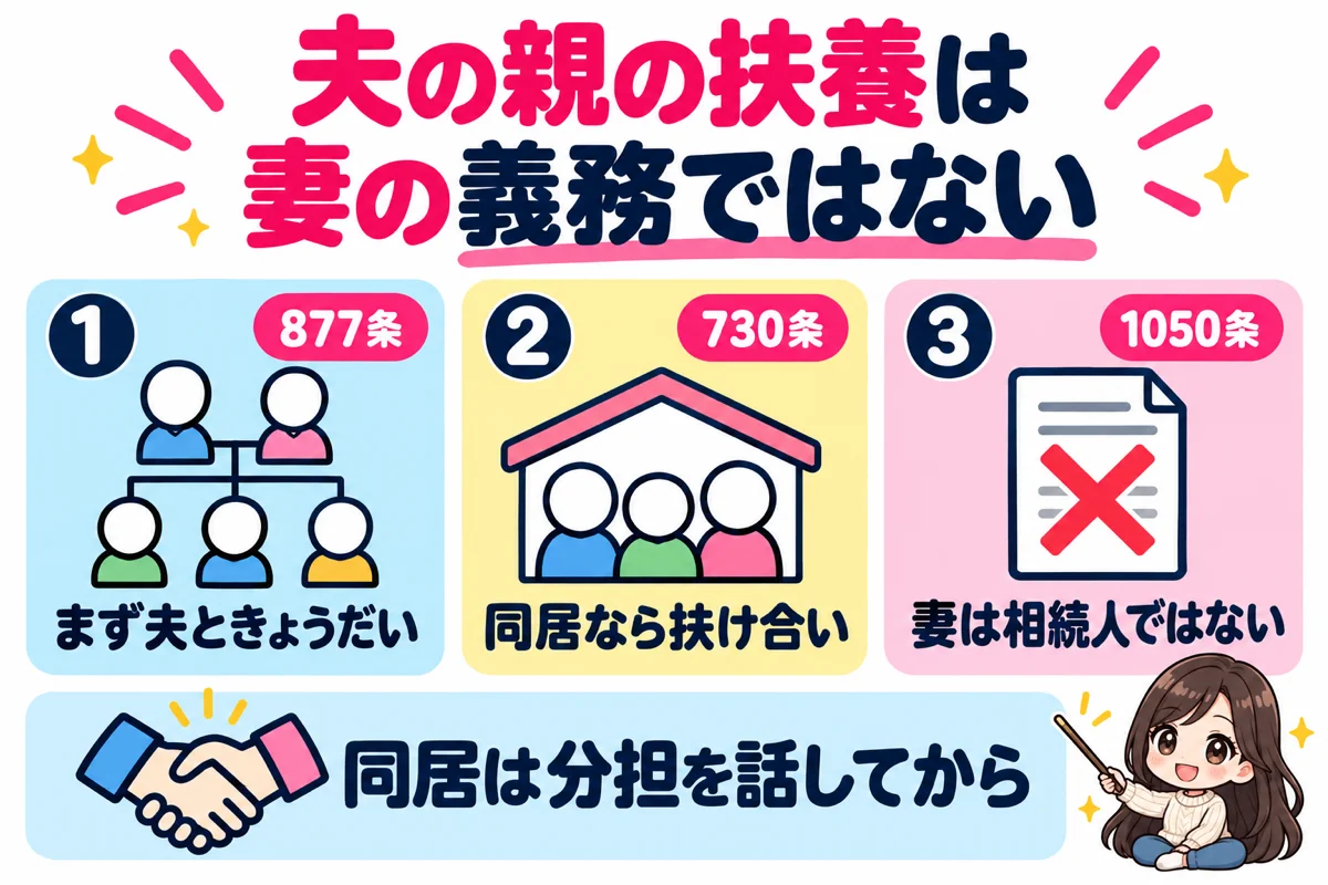 民法では夫の親を扶養する義務はまず夫とそのきょうだいにあり、同居すると扶け合いの条文がかかわり、妻は夫の親の相続人ではないため、同居は介護の分担を話してから決めることを示した図