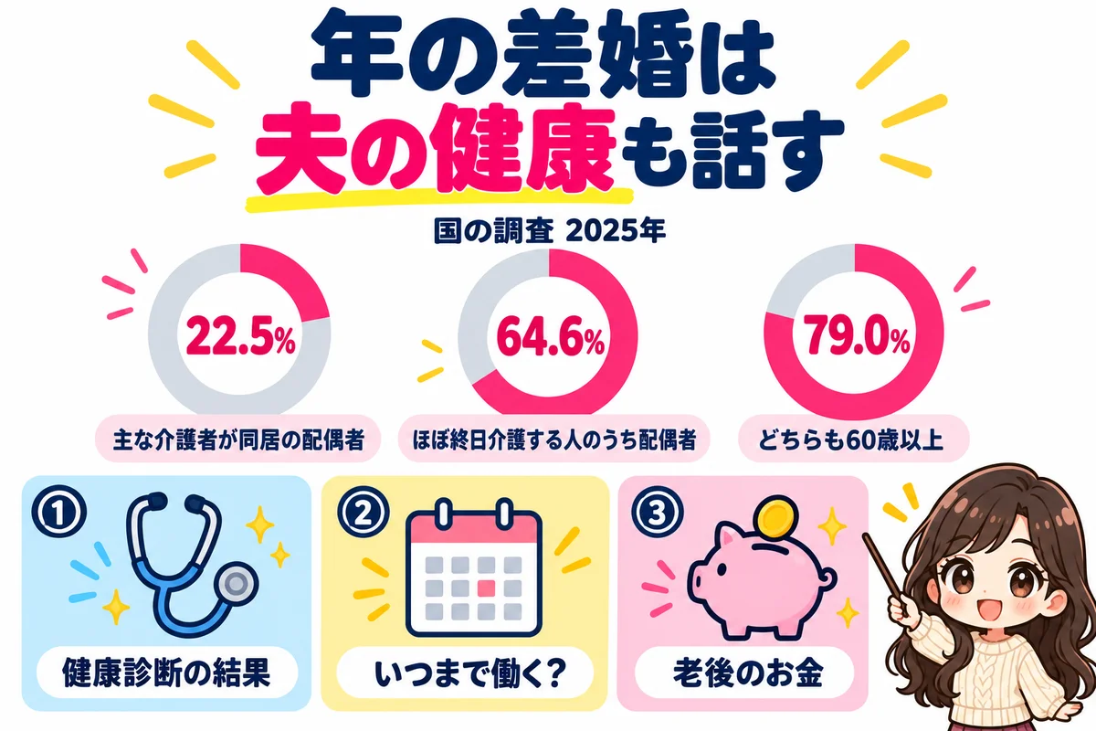 主な介護者の22.5%が同居の配偶者で、ほぼ終日介護する人の64.6%が配偶者、介護する人とされる人がどちらも60歳以上が79.0%であることを円グラフで示し、年上の相手とは健康・働く期間・老後のお金を話しておくことを示した図
