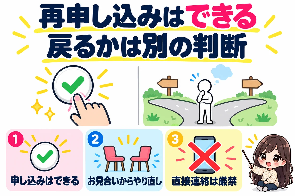 交際終了した相手への再申し込みはできるが、お見合いからやり直しで直接連絡は厳禁、戻るかどうかは別の判断だと示した図