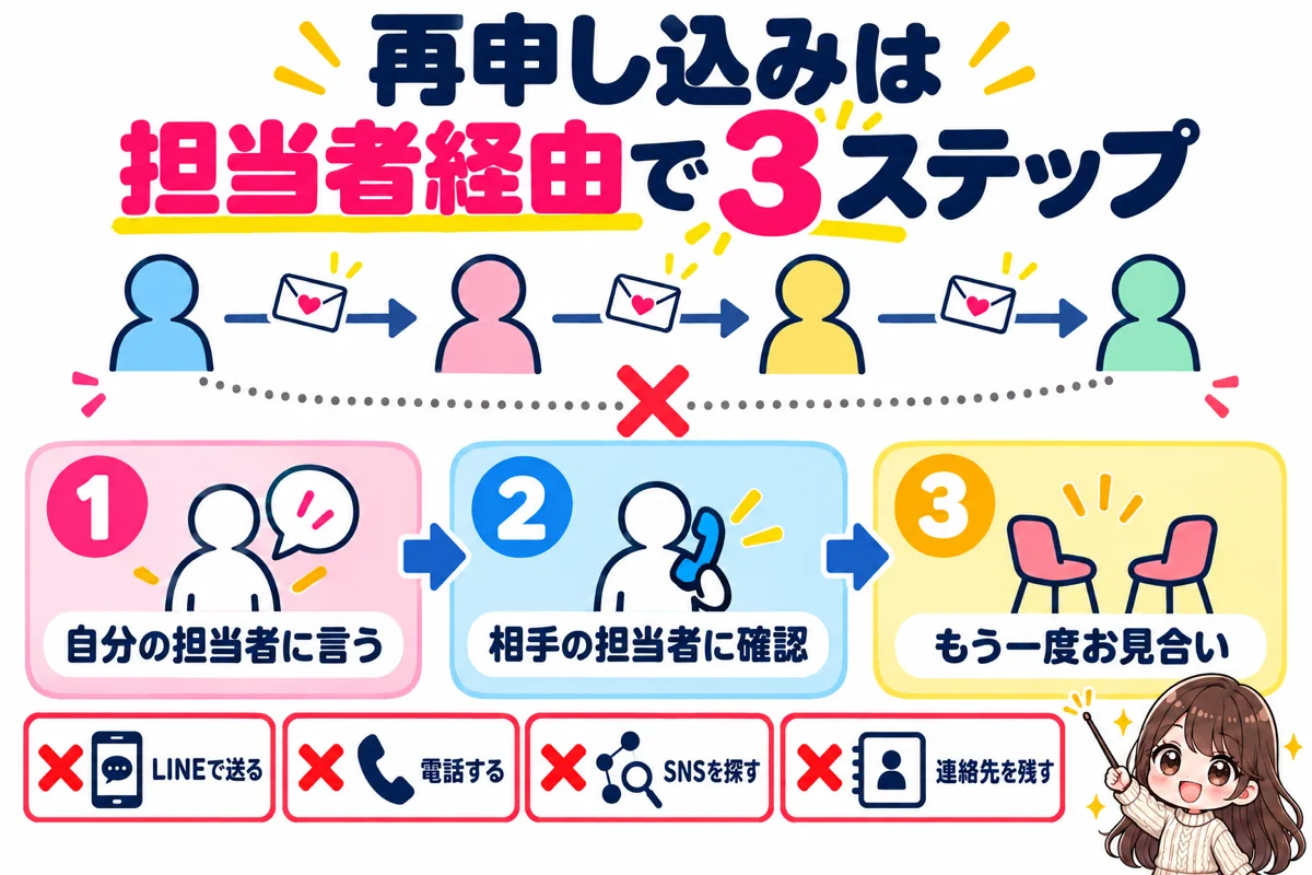 交際終了した相手への再申し込みは自分の担当者から相手の担当者を通してお見合いに進む3ステップで、LINE・電話・SNS・連絡先を残すことはNGだと示した図