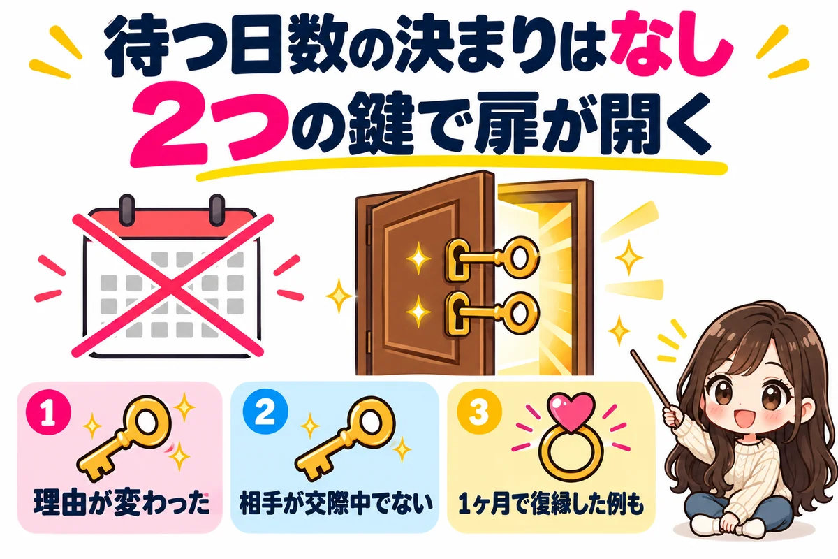 再申し込みまでの日数に公式の決まりはなく、終わった理由が変わったことと相手が真剣交際中でないことの2つがそろえば扉が開き、約1ヶ月で復縁して成婚した例もあると示した図