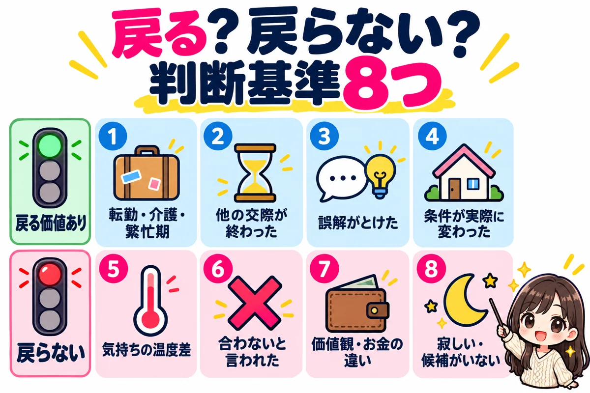 交際終了した相手に戻るかの判断基準8つを、状況が変われば消える理由は戻る価値あり、気持ちの温度差や寂しさは戻らないと上下2段のカードで分けた図
