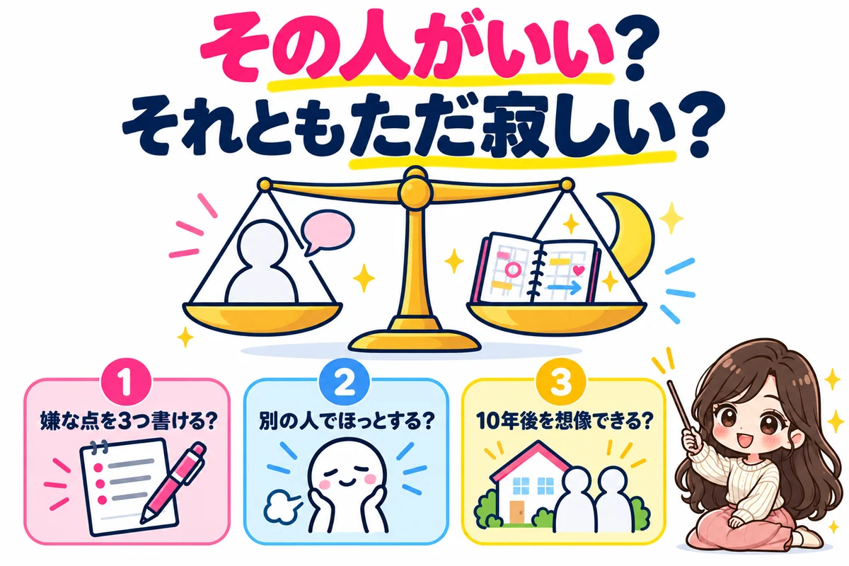 交際終了後の気持ちが「その人がいい」のか「ただ寂しい」のかを天秤で比べ、嫌な点を3つ書けるかなど3つの質問で見分けることを示した図