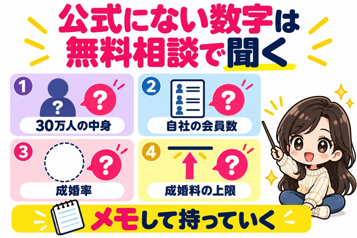 meotの公式サイトに書かれていない登録者数30万人の中身・自社の会員数・成婚率・成婚退会料の上限を4枚のカードで示し、無料相談で聞くことをすすめる図