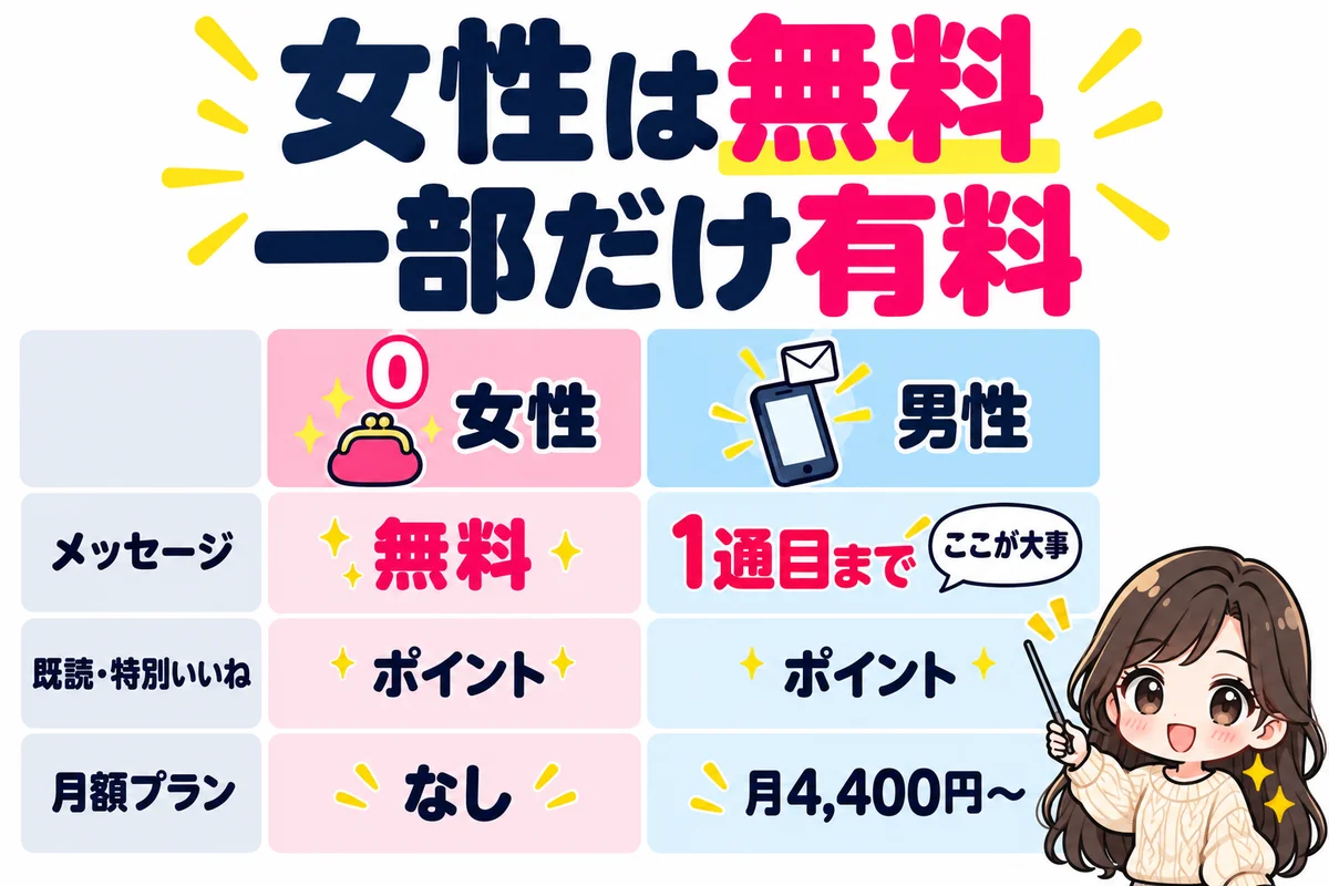 Omiaiは女性はメッセージまで無料で既読や特別ないいねだけポイント制、男性の無料会員は1通目までで月額プランは月4,400円からだと比較表で示した図