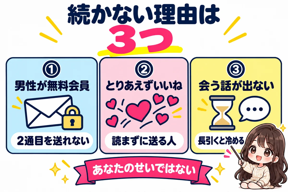 Omiaiのメッセージが続かない理由は、男性の無料会員が2通目を送れないこと、とりあえずいいねを送る人がいること、会う話が出ないまま長引くことの3つだと示した図
