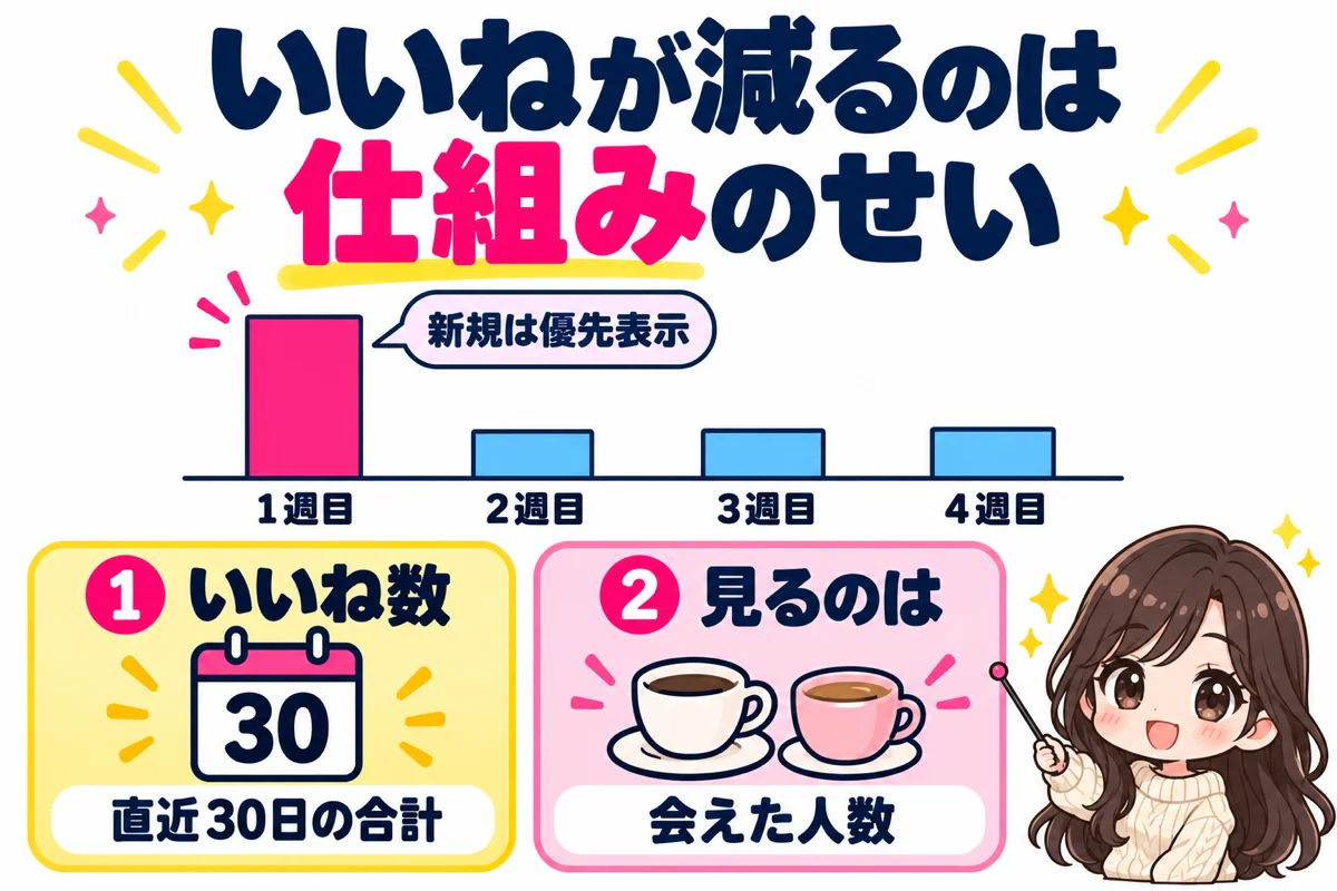 Omiaiのいいね数は直近30日の合計で、登録1週目は新規会員として優先表示されるため多く、2週目から減るのは仕組みによるもので、見るべきは会えた人数だと示した図