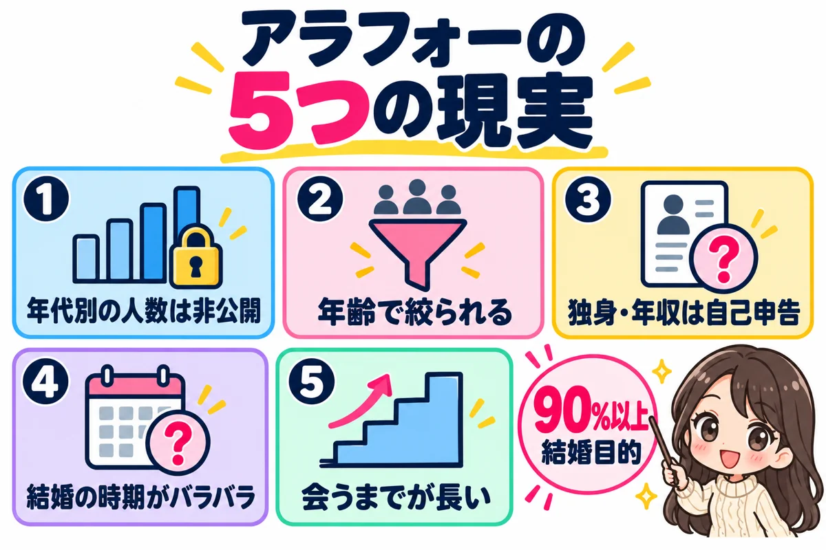 Omiaiでアラフォー女性が直面する、年代別の人数が非公開、年齢で絞られる、独身や年収は自己申告、結婚の時期がそろわない、会うまでが長いという5つの現実をカードで示した図