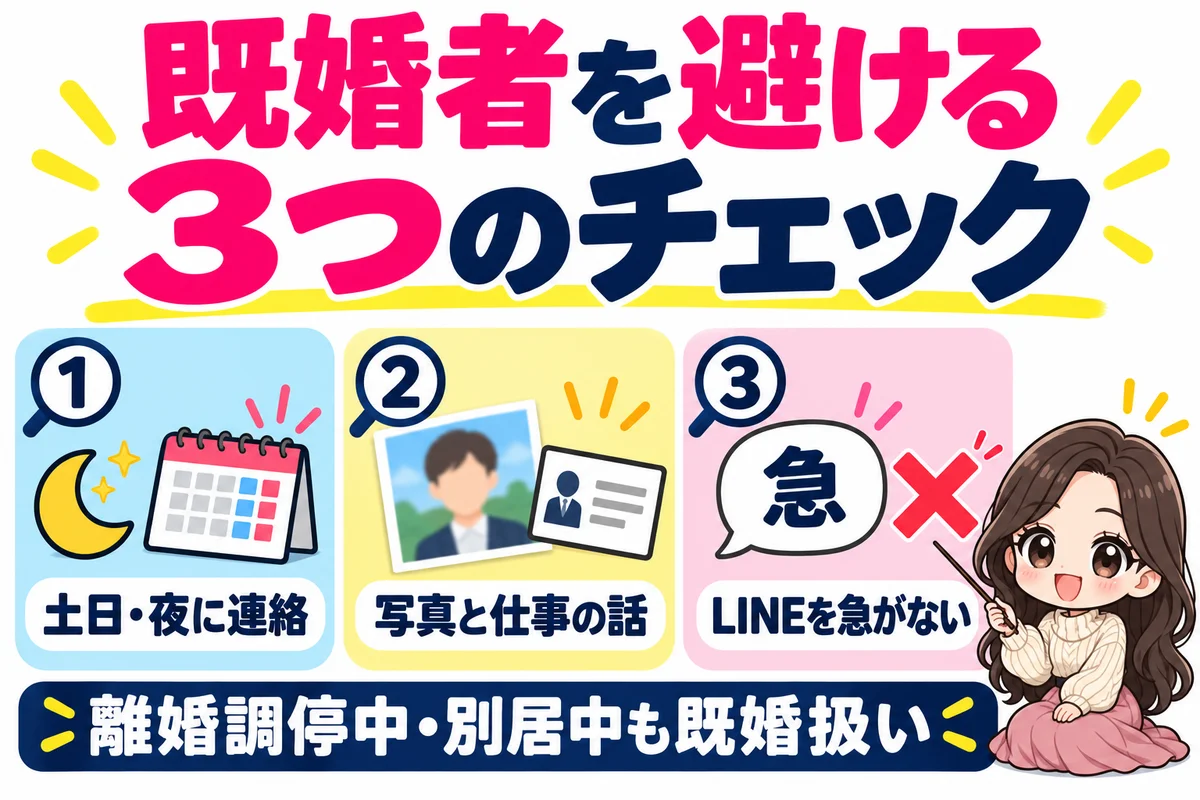 Omiaiで既婚者を避けるために、土日や夜に連絡が取れるか、写真と仕事の話がぼんやりしていないか、LINEを急がないかの3つを会う前に確かめることと、離婚調停中や別居中も既婚扱いであることを示した図