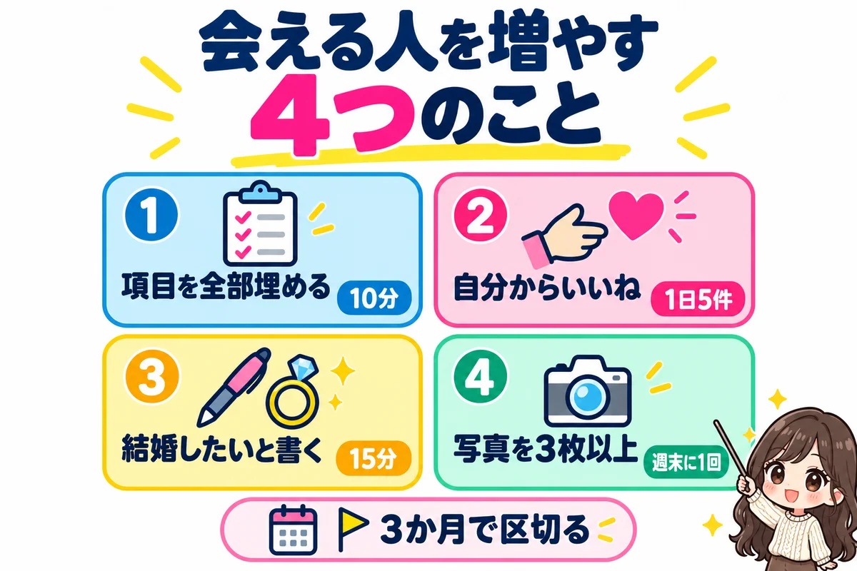 アラフォー女性がOmiaiで会える人を増やすために、プロフィール項目を全部埋める、自分からいいねを送る、結婚したいと書く、写真を3枚以上にするの4つと、3か月で区切ることを示した図