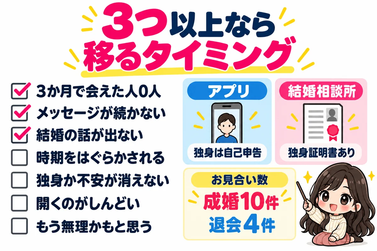 Omiaiから結婚相談所へ移るサイン7つのうち3つ以上あてはまれば移るタイミングで、Omiaiは独身が自己申告、結婚相談所は独身証明書があることと、成婚した女性のお見合い数は10件、やめた女性は4件だったことを示した図