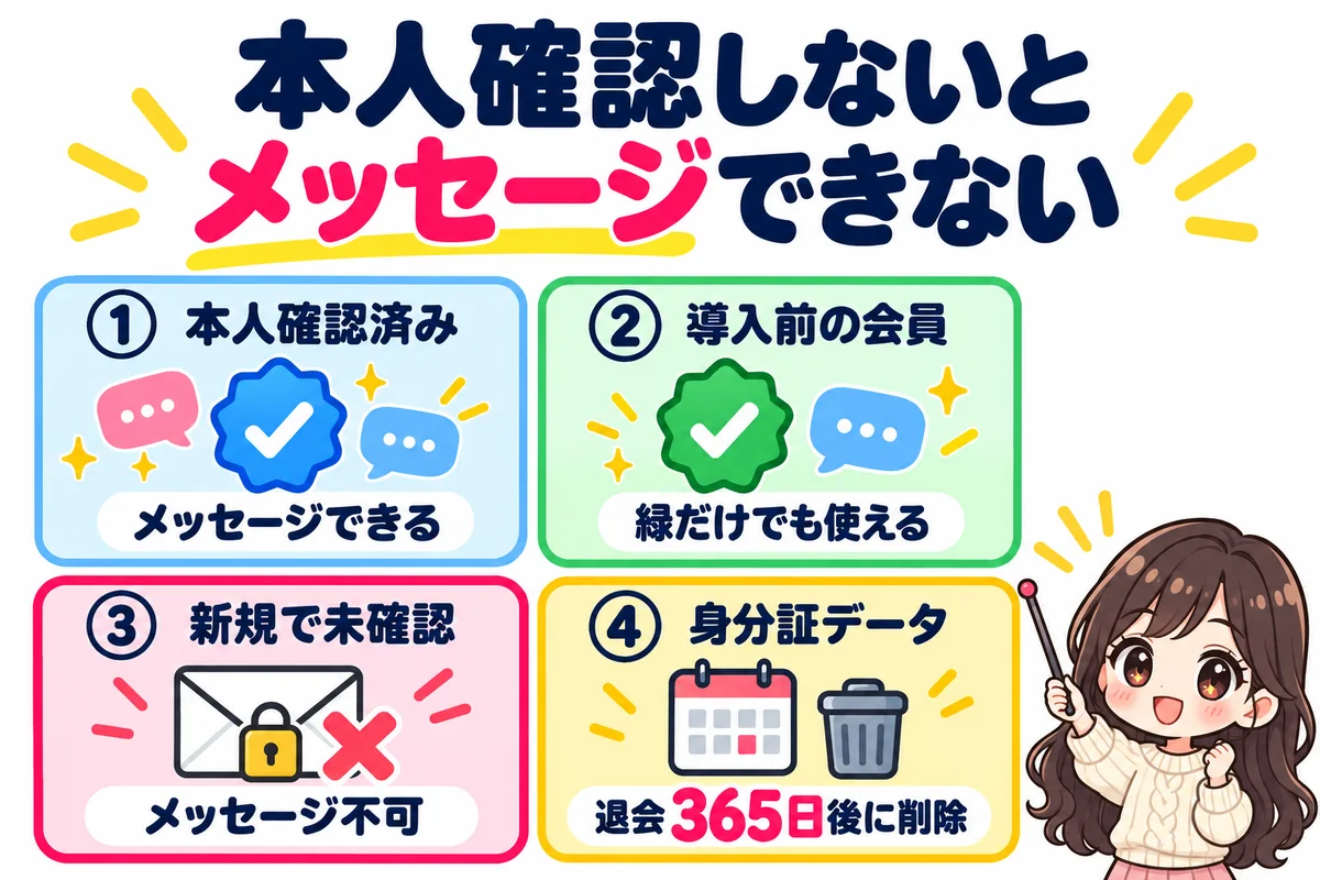 Omiaiでは本人確認済みや導入前の会員はメッセージでき、新規登録で本人確認していない人はメッセージできないこと、身分証データは退会365日後に削除されることを4枚のカードで示した図