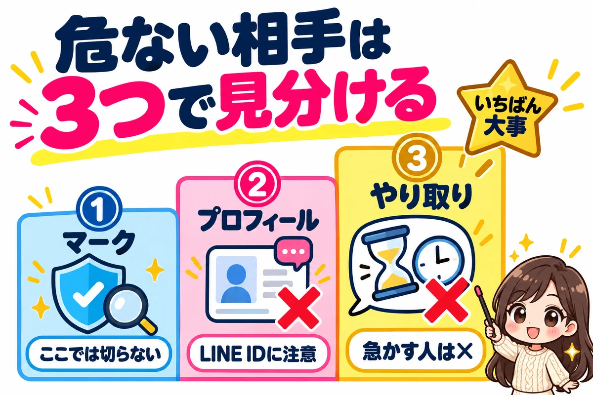 Omiaiで本人確認してない相手を見分ける順番を、マーク、プロフィール、やり取りの3枚のカードで示し、急かしてくるやり取りがいちばん大事なサインだと表した図