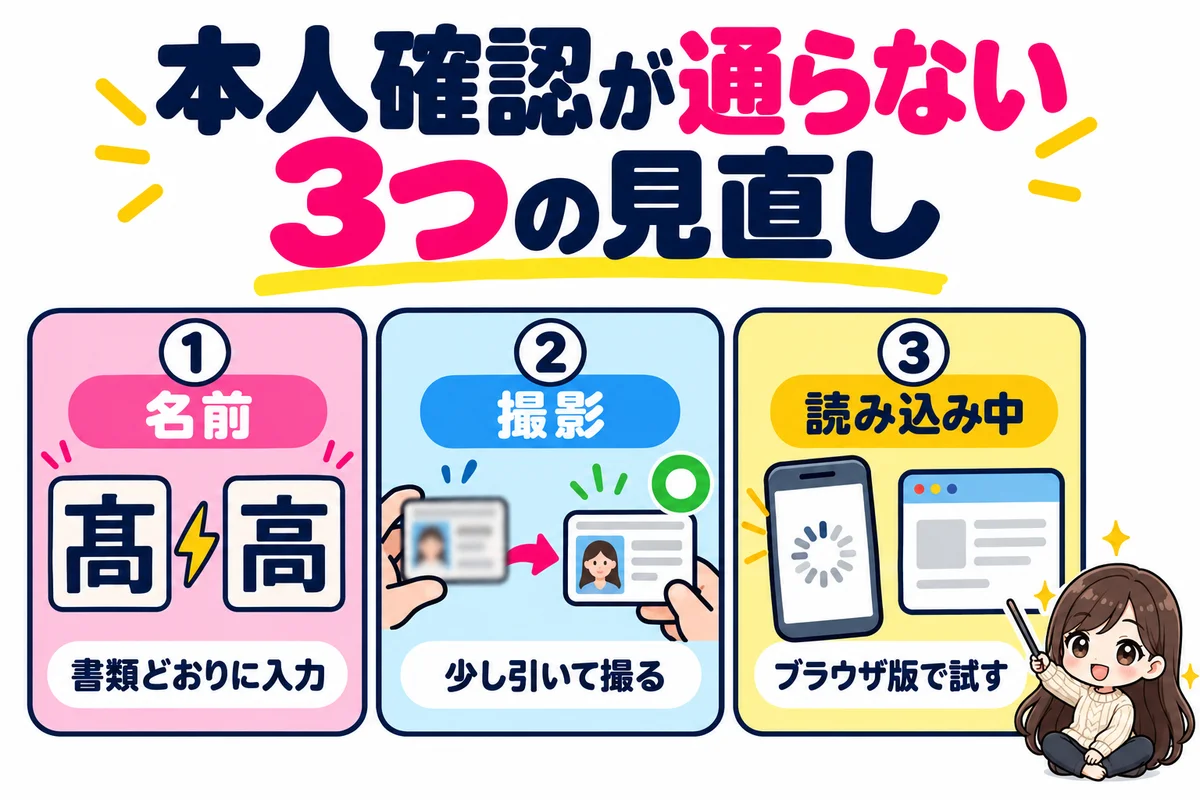 Omiaiの本人確認が通らないときは、名前を書類どおりに入力する、少し引いて撮る、読み込み中のままならブラウザ版で試す、の3つを見直すことを示した図