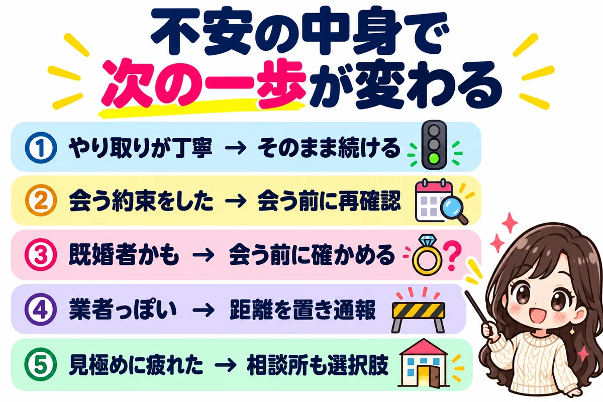 本人確認してない相手への不安を5つに分け、丁寧なら続ける、会う約束をしたら再確認、既婚者かもと思ったら確かめる、業者っぽければ距離を置いて通報、疲れたら相談所も選択肢だと示した図