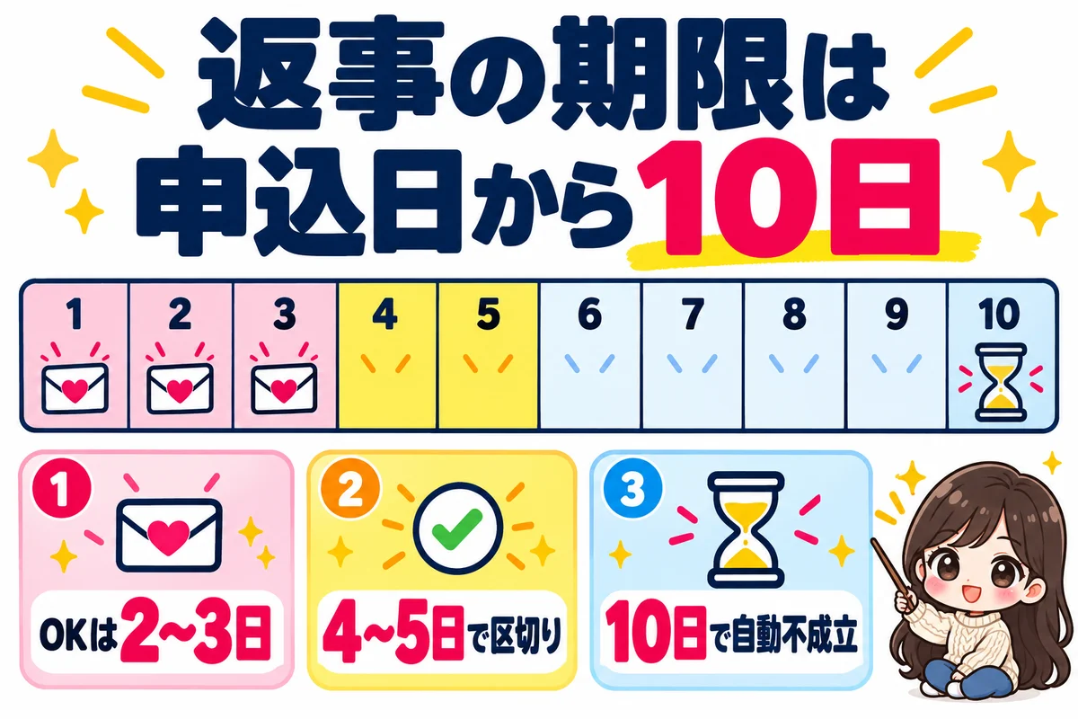 お見合い申し込みの返事は申込日から10日で自動不成立、OKは2〜3日が多く4〜5日が区切りであることをカレンダーで示した図
