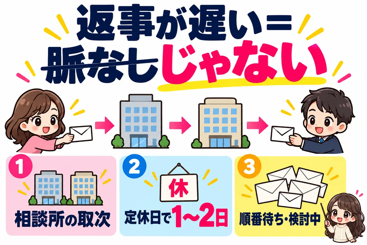 お見合い申し込みが2つの相談所を経由して届き、取次・定休日・順番待ちで返事が遅れる3つの事情を示した図
