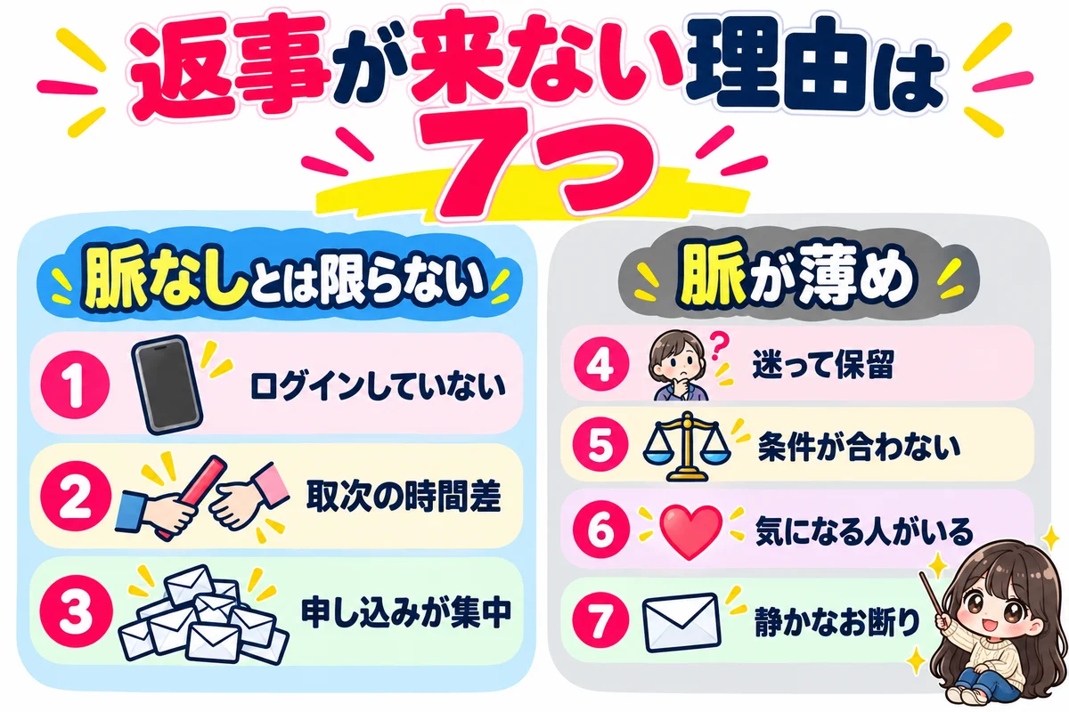 お見合い申し込みに返事が来ない7つの理由を、脈なしとは限らない3つと脈が薄めの4つに分けた図