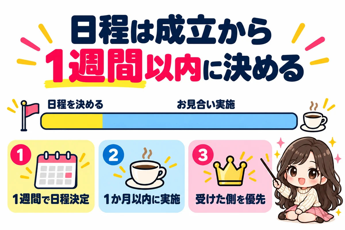 IBJではお見合い成立から1週間以内に日程を決め、1か月以内に実施し、日程と場所は申し込みを受けた側を優先するルールを示した図