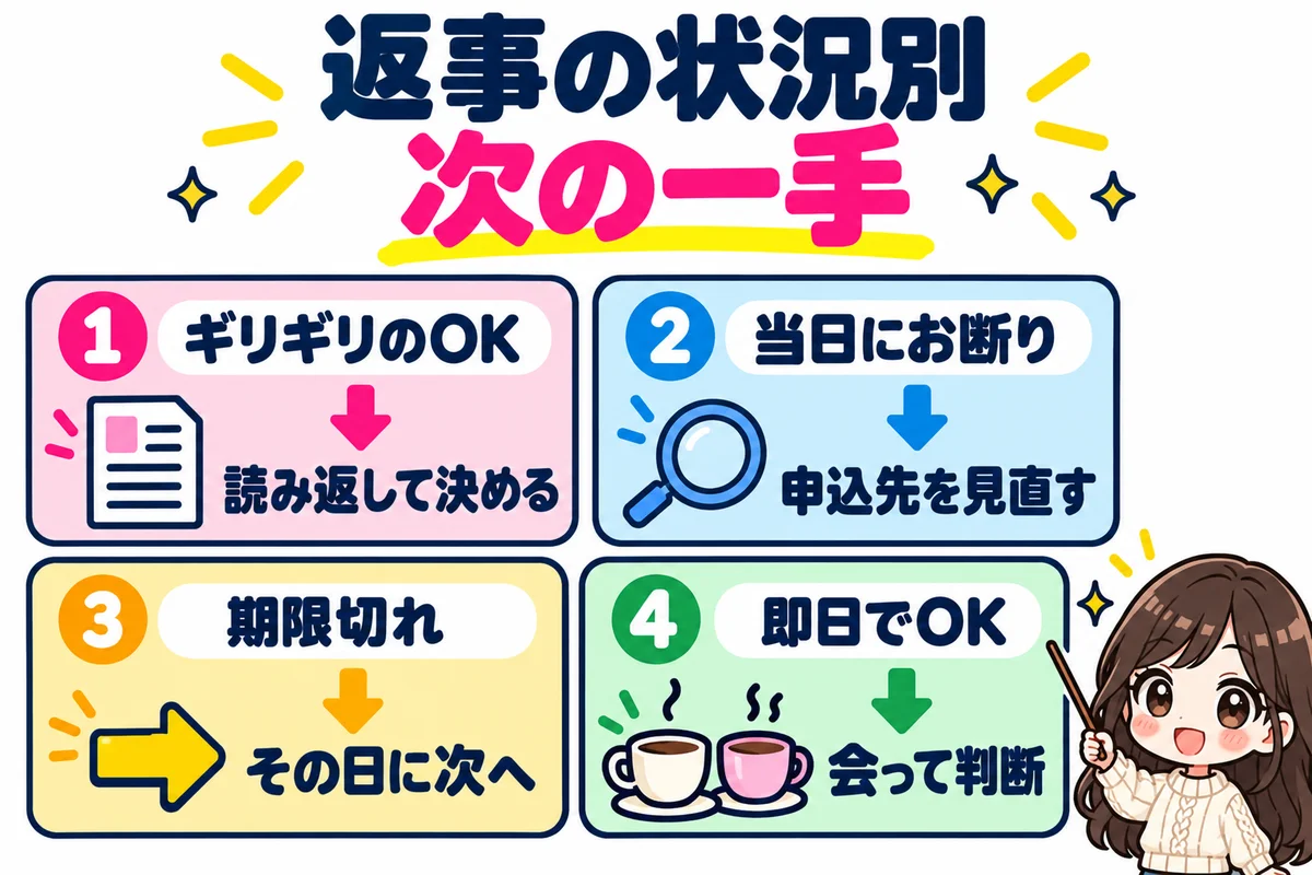 期限ギリギリのOK・当日のお断り・期限切れ・即日OKの4つの状況ごとに、次にやることを示した図