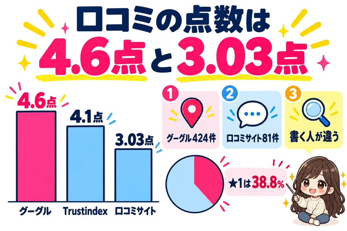 ラポールアンカーの口コミ点数の比較:Googleマップ424件は約4.6点、Trustindexは4.1点、口コミサイトjm-h.comは81件で3.03点・★1が38.8%