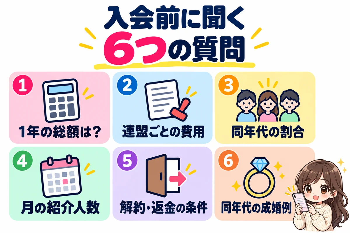 ラポールアンカーの無料相談で聞く6つの質問:1年の総額・連盟ごとの費用・同年代の割合・月の紹介人数・解約と返金の条件・同年代の成婚例