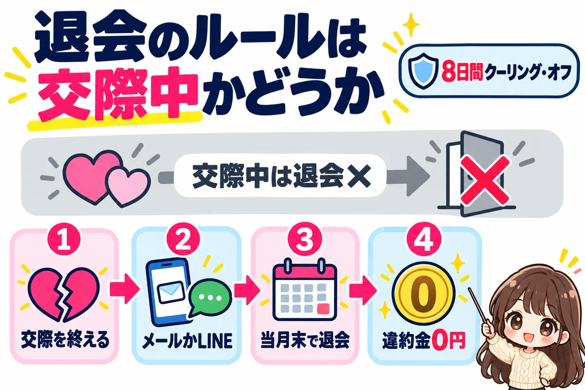ラポールアンカーの退会の流れ:交際中は退会できず、交際を終えてからメールかLINEで連絡すれば当月末で退会・違約金0円、クーリング・オフは8日間