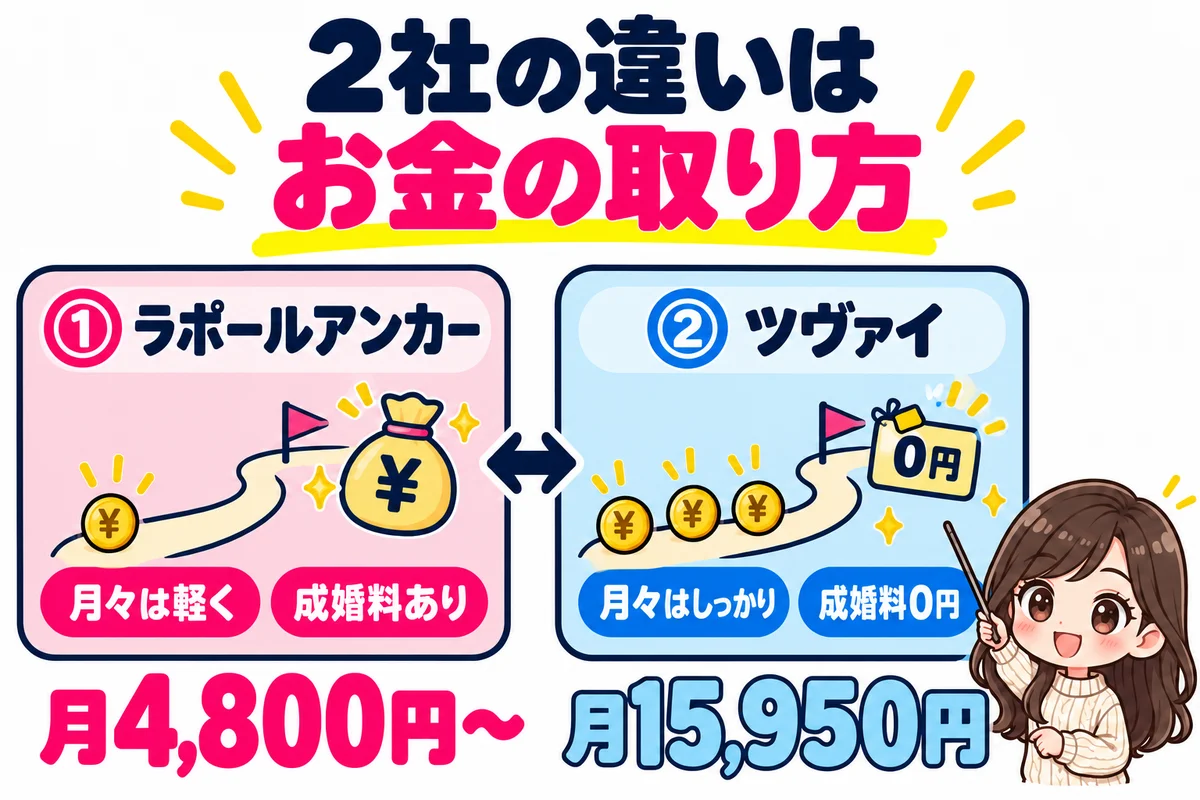 ラポールアンカーは月会費4,800円からで成婚料あり、ツヴァイのご紹介プランは月会費15,950円で成婚料0円と、2社のお金の取り方が正反対だと2枚のカードで示した図