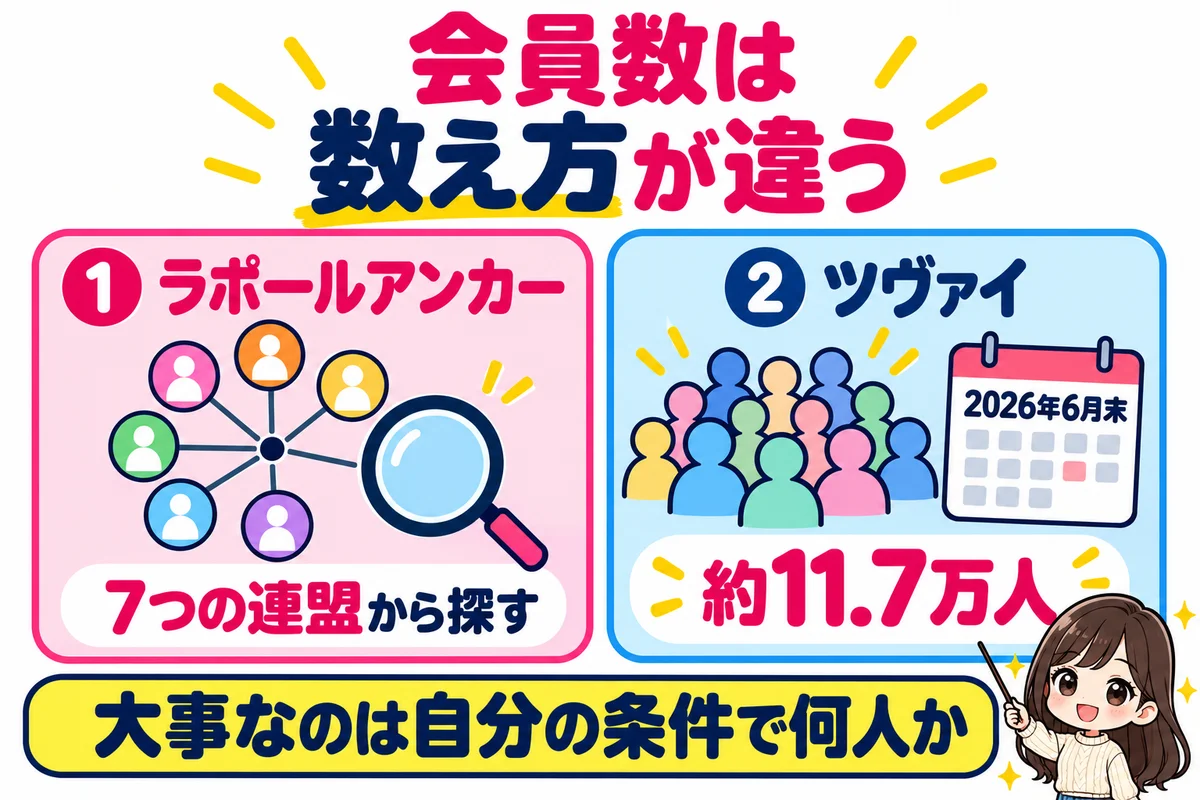 ラポールアンカーは7つの連盟から相手を探し、ツヴァイは会員約11.7万人と数え方が違うので、大事なのは自分の条件で何人出てくるかだと示した図