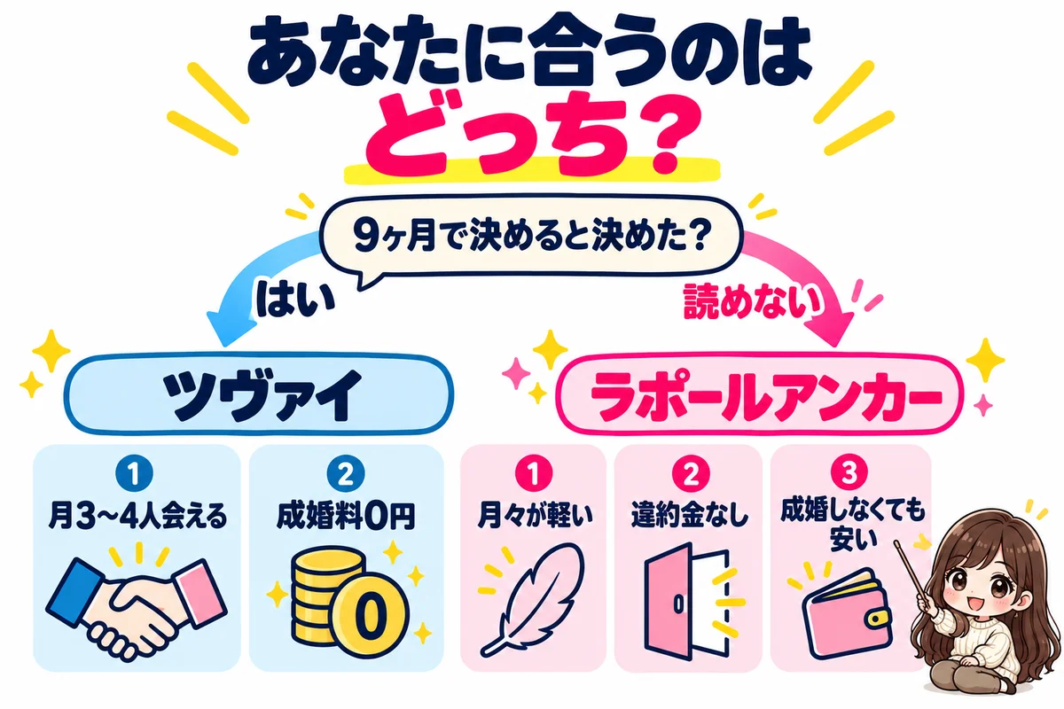 9ヶ月以内に決めると決めた人はツヴァイ、何ヶ月かかるか読めない人は月々が軽く違約金なしのラポールアンカーが向いていると分かれ道で示した図